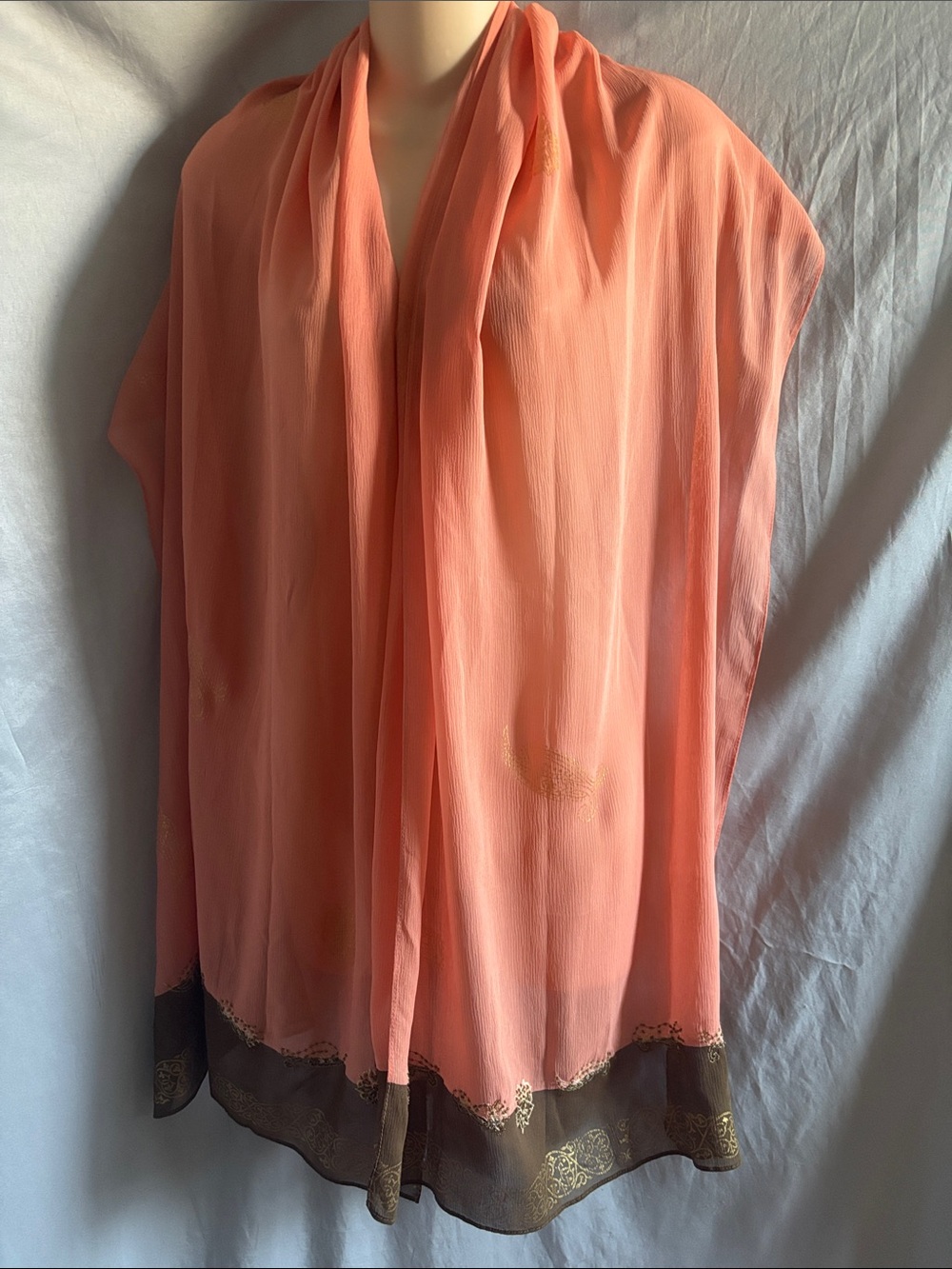 Talbots Coral and Brown Silk Scarf  Shawl with Gold Stitching 75x21"
